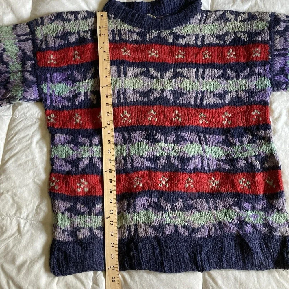 Vtg 100% Wool Ecuadorian Chunky HandKnit Sweater Mens L Fair Isle Rustic Cabin